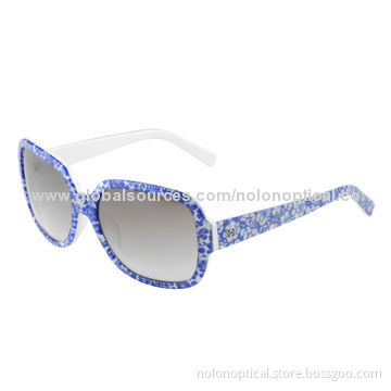 Floral acetate sunglasses with blue and white porcelain, 100% UV protection sun lens